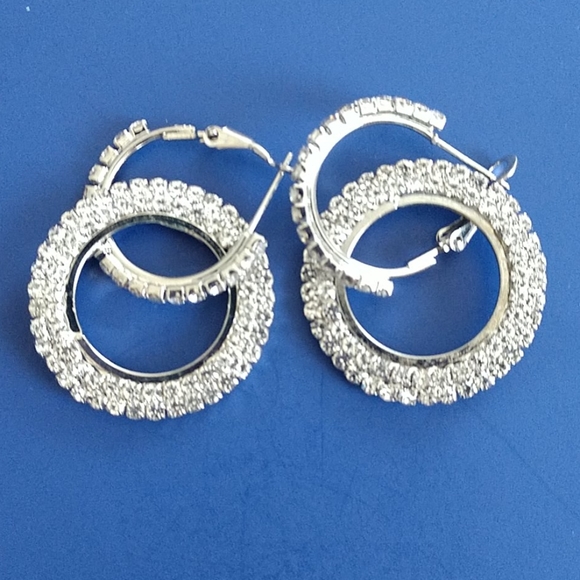New Rhinestone Double Hoop Dangle Earrings - Picture 5 of 9